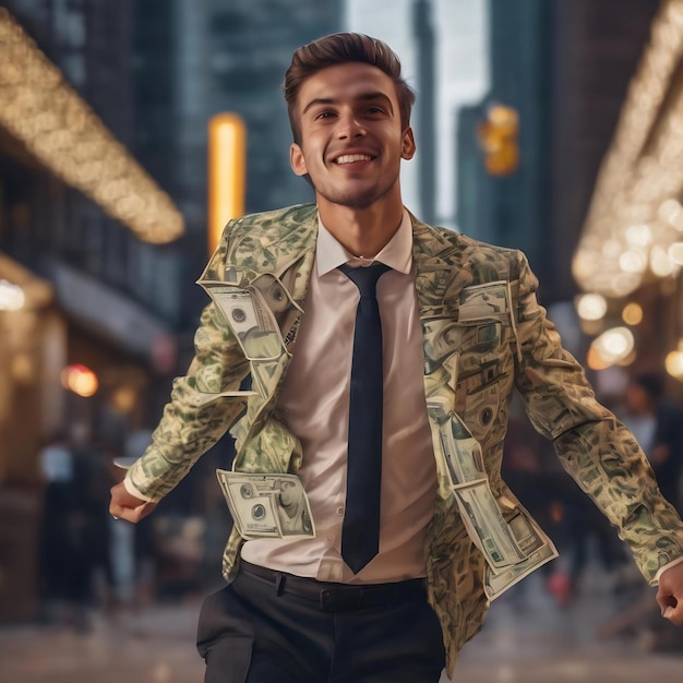 Joven hombre de negocios pasa dólares y baila en la calle.