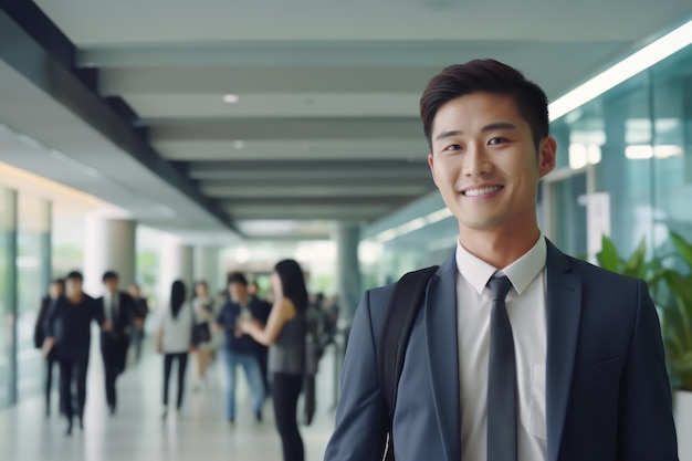 Joven hombre de negocios profesional asiático de pie y sonriendo en el fondo de la oficina borrosa