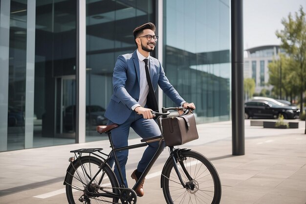 Foto joven hombre de negocios que usa la bicicleta para ir a la oficina