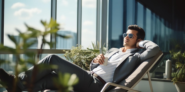 Joven hombre de negocios relajándose en un balcón acostado en una silla de sol