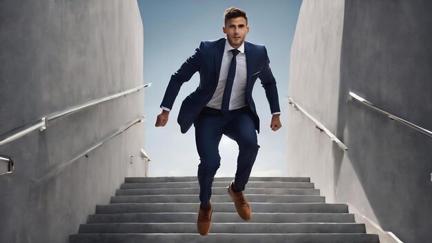 Joven hombre de negocios saltando por las escaleras en fondo gris concepto de éxito y crecimiento