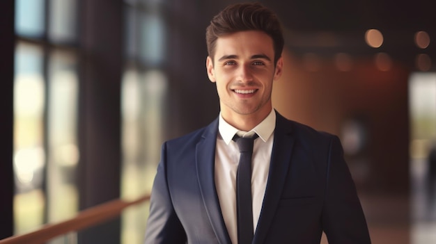 Joven hombre de negocios sonriente posando sobre un fondo de color suave IA generativa