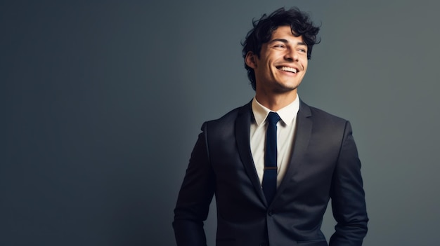 Joven hombre de negocios sonriente posando sobre un fondo de color suave IA generativa