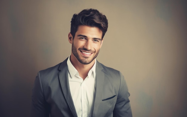 Joven hombre de negocios sonriente posando sobre un fondo de color suave IA generativa