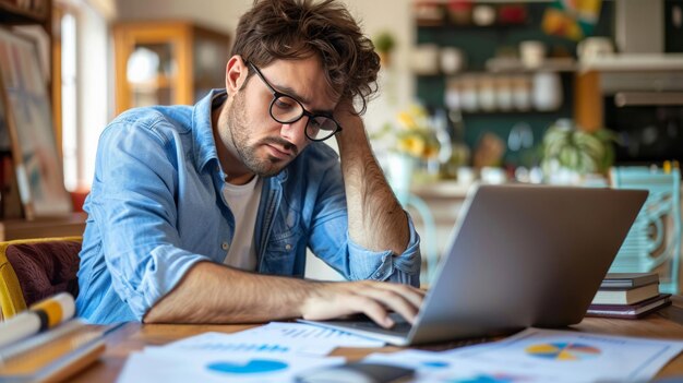 Foto joven hombre de negocios trabajando en casa con una computadora portátil y papeles en el escritorio