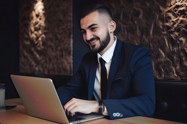 Un joven hombre de negocios con traje y una gran sonrisa mientras trabaja en su computadora portátil