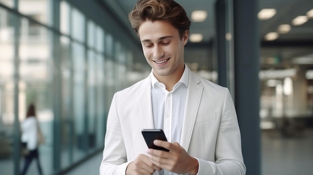 Foto joven hombre de negocios usando teléfono inteligente hablando en la oficina blanca