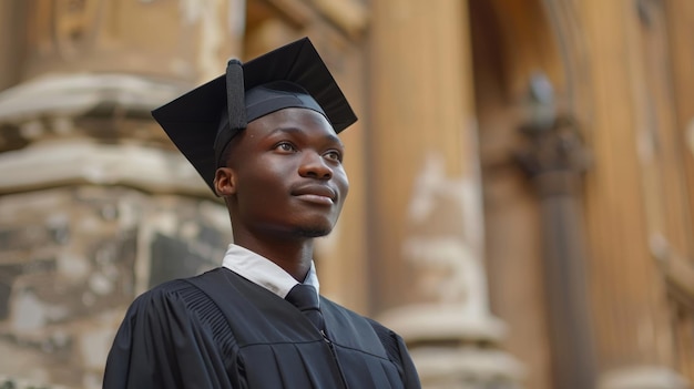 Joven hombre negro con una bata y gorra de graduación de pie frente al edificio de la universidad Generado por IA