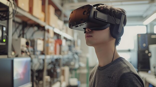 Joven hombre pensativo que usa auriculares de realidad virtual y auriculares en el lugar de trabajo moderno