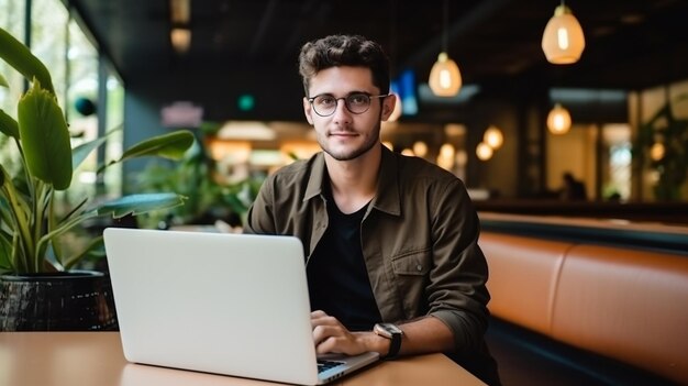 Joven hombre sentado en un café trabajando con una computadora portátil Trabajo o estudio independiente en todas partes