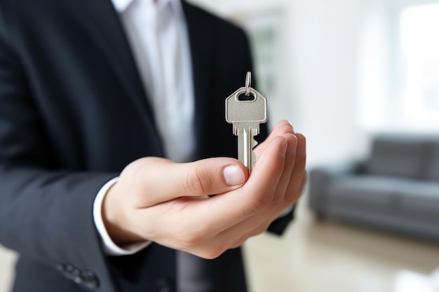 Joven hombre soltero con la llave de un nuevo apartamento a la mano Propietario de casa Comprador de casa masculino Mo IA generativa