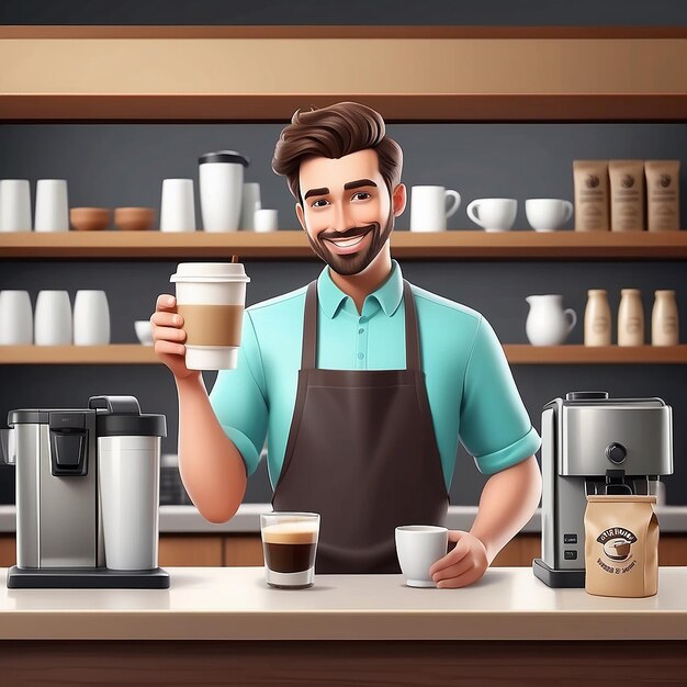 Foto joven hombre sonriente barista con delantal de pie batido leche en la taza de café cafetería hora de café y llevarse el concepto