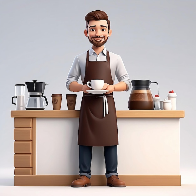 Joven hombre sonriente barista con delantal de pie batido leche en la taza de café cafetería hora de café y llevarse el concepto