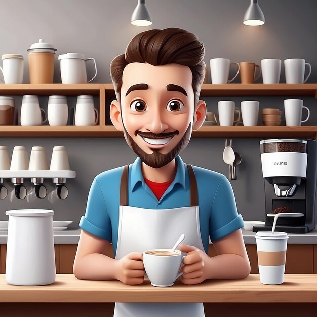 Foto joven hombre sonriente barista con delantal de pie batido leche en la taza de café cafetería hora de café y llevarse el concepto