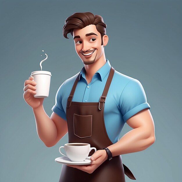 Foto joven hombre sonriente barista con delantal de pie batido leche en la taza de café cafetería hora de café y llevarse el concepto