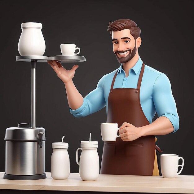 Foto joven hombre sonriente barista con delantal de pie batido leche en la taza de café cafetería hora de café y llevarse el concepto