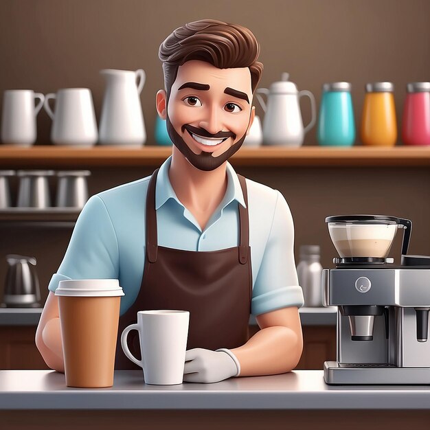 Joven hombre sonriente barista con delantal de pie batido leche en la taza de café cafetería hora de café y llevarse el concepto