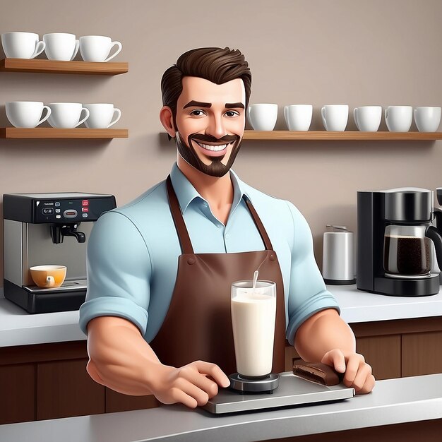 Joven hombre sonriente barista con delantal de pie batido leche en la taza de café cafetería hora de café y llevarse el concepto