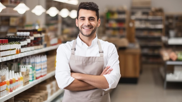 Un joven hombre sonriente estaba de pie frente al mostrador con los brazos cruzados un trabajador del supermercado mirando a la cámara