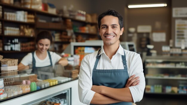 Un joven hombre sonriente estaba de pie frente al mostrador con los brazos cruzados un trabajador del supermercado mirando a la cámara