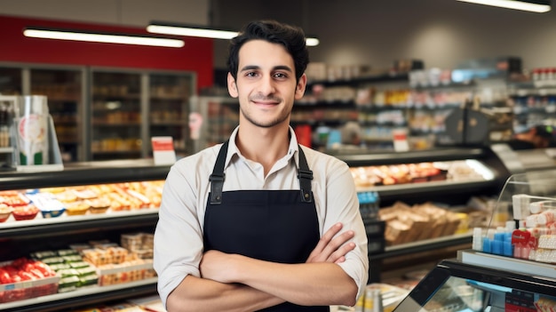 Un joven hombre sonriente estaba de pie frente al mostrador con los brazos cruzados un trabajador del supermercado mirando a la cámara