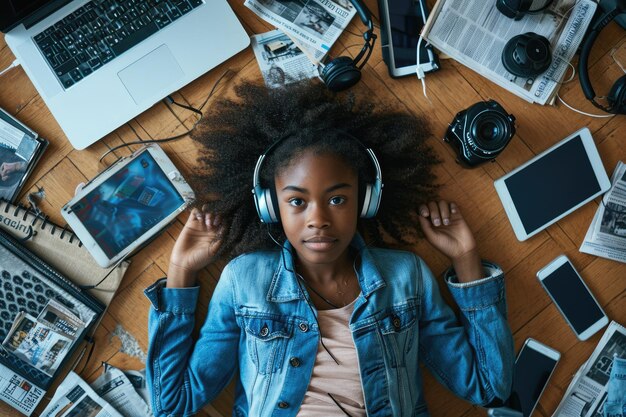 El joven humano afroamericano acostado y escuchando la música aigx