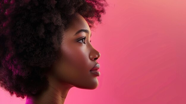 Foto joven y impresionante mujer afro posando sobre un fondo rosado