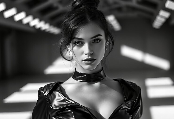 Una joven impresionante en una sesión de fotos de moda en blanco y negro