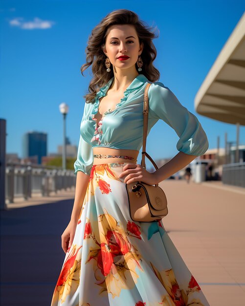 Una joven impresionante con un vestido colorido