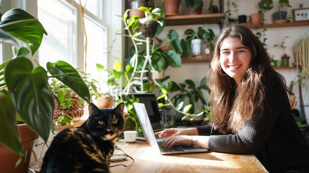 Una joven independiente feliz trabaja con una computadora portátil en casa con su gato.