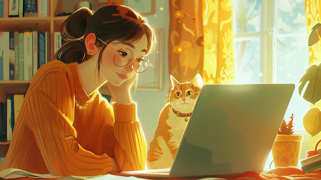Una joven independiente trabaja con una computadora portátil en casa con su gato.