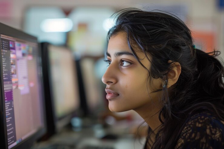 Foto una joven india absorta en sus estudios sentada en una pantalla de computadora en un aula