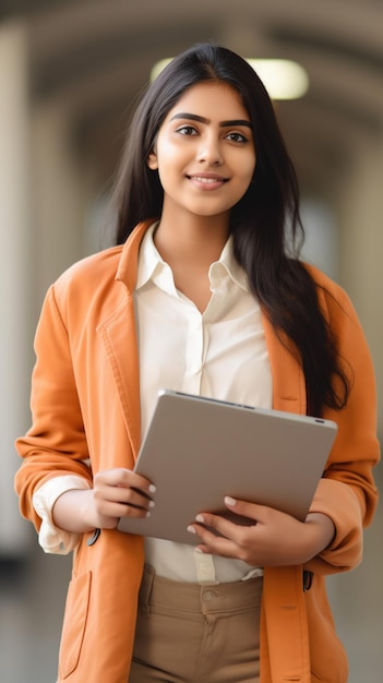 Una joven india con una chaqueta naranja sostiene un portapapeles y sonríe