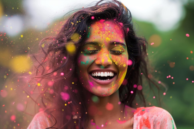 Una joven india entusiasta celebra el Holi con colores lúdicos