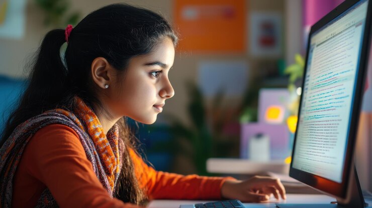 Foto una joven india estudiando en casa usando una computadora con una expresión enfocada y