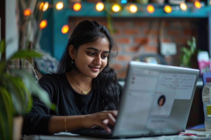Foto una joven india estudiando y llamando por video durante la cuarentena