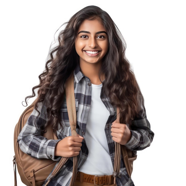 Una joven india en una estudiante universitaria sosteniendo un libro en su pecho vestido moderno sonriendo