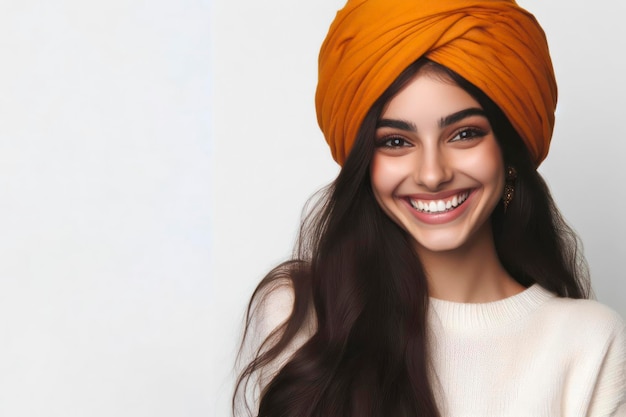 Una joven india eufórica sonriendo con un turbante sobre un fondo blanco