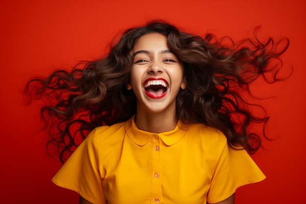 una joven india feliz y emocionada en fondo rojo riendo IA generativa