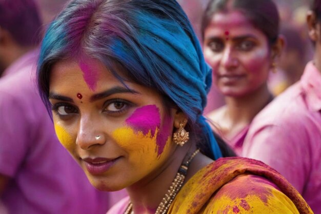 Una joven india jugando con el color en el festival de Holi