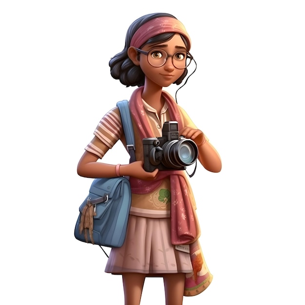 Joven india con mochila y cámara Representación 3d Dibujo digital por computadora