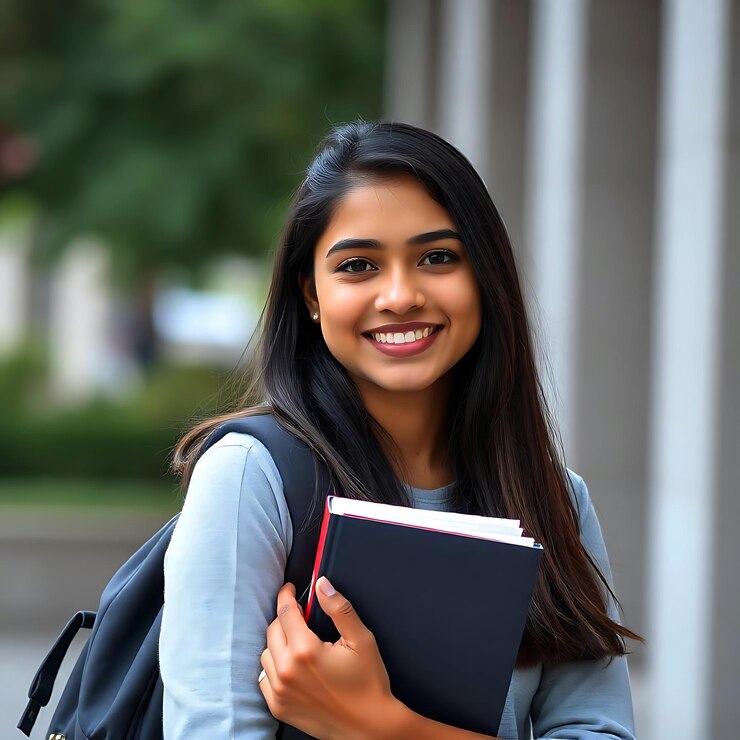 una joven india sonriente con libros y sobre un fondo blanco