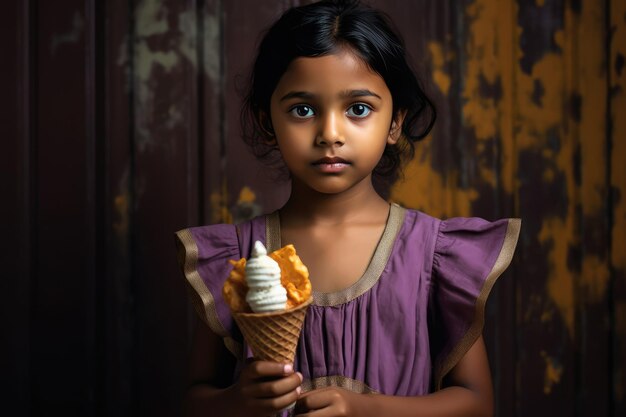 Una joven india sosteniendo un cono de helado