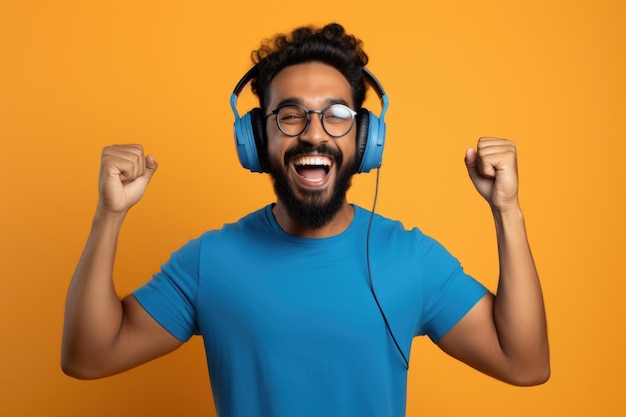 Joven indio feliz con camisa azul bailando y divirtiéndose