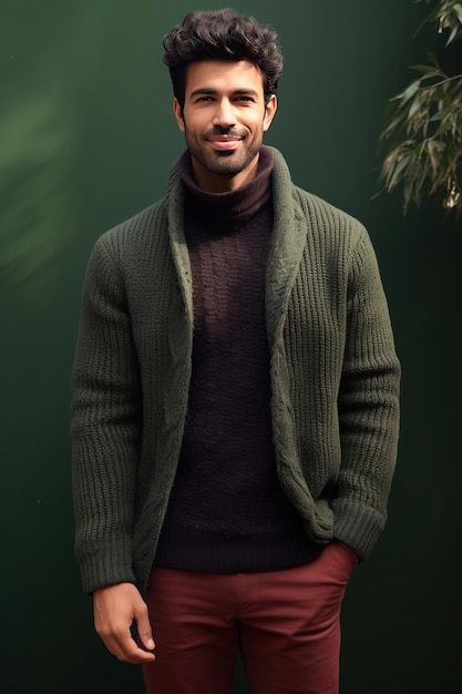 Un joven indio guapo y alegre usa un suéter en invierno mirando a la cámara