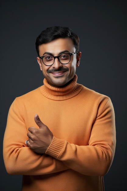 Un joven indio guapo y alegre usa un suéter en invierno mirando a la cámara