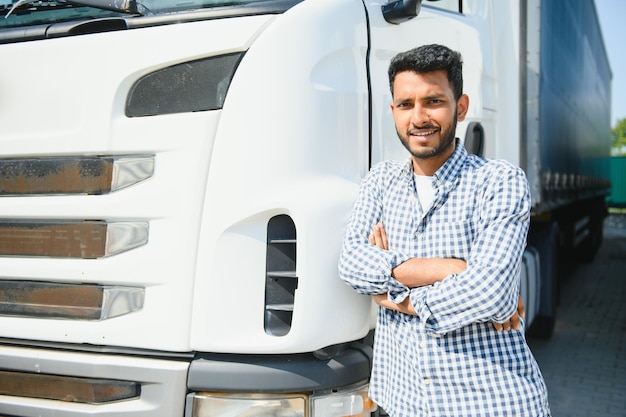 Joven indio de pie junto a su camión El concepto de transporte de mercancías