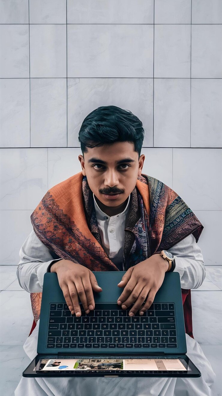 Foto joven indio con portátil aislado en pared blanca