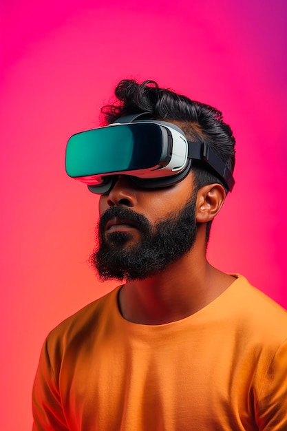 Joven indio con simulador de realidad virtual sobre fondo degradado