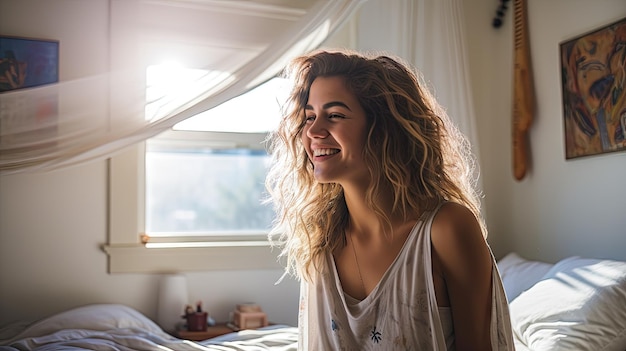 Joven influencer de las redes sociales en casa durante la mañana Jóvenes felices despertando feliz meditación